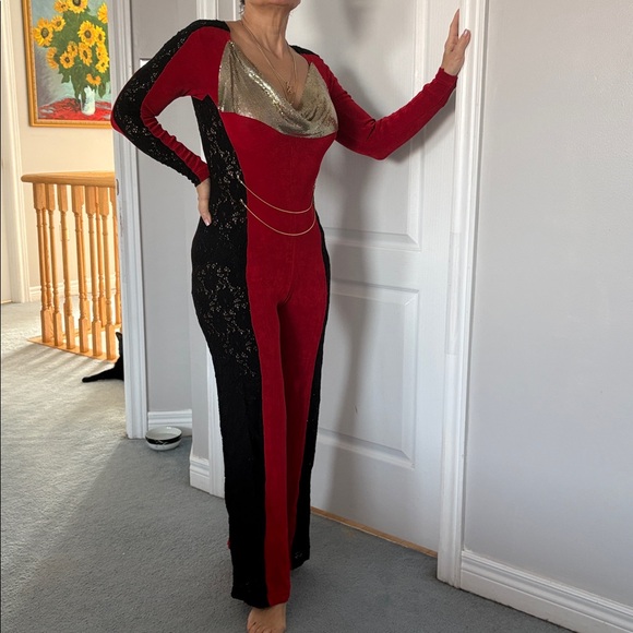 Red and Black Jumpsuit with Gold Accents - Picture 3 of 16